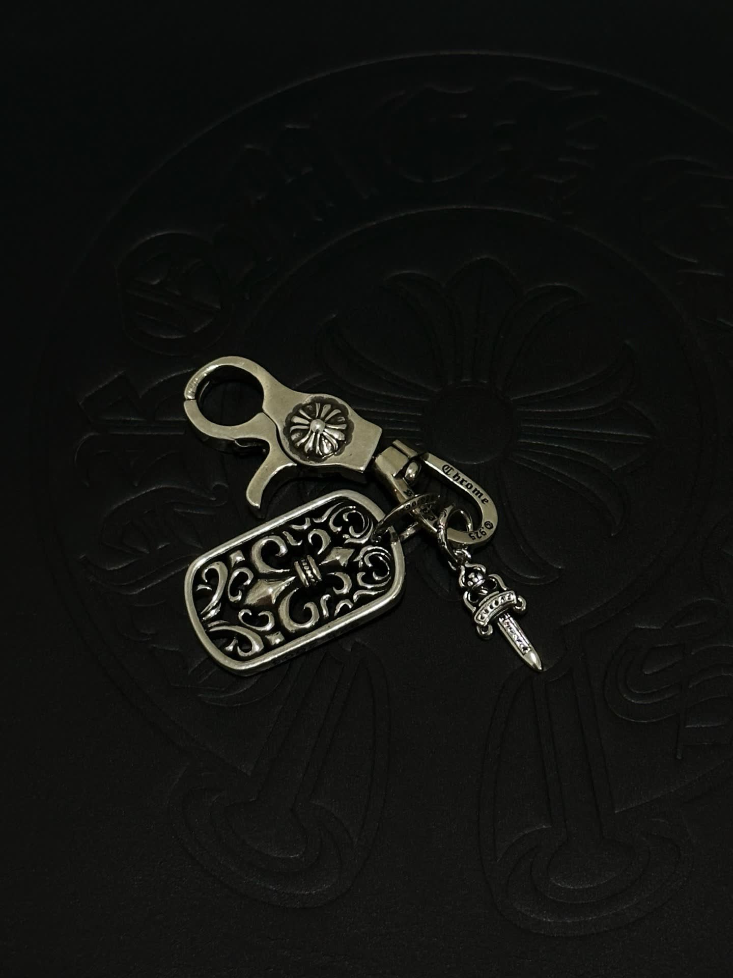 Chrome Hearts Charm Keychain with Fleur-de-lis and Dagger